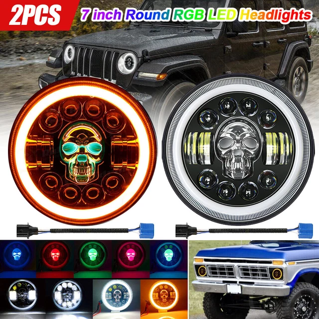 UMGASOM 1Pair RGB Skull LED Headlights – 7 Inch Round Headlamps With Amber Halo Turn Signals, 5 Skull Patterns, Compatible With Jeep Wrangler, Hummer, Chevy Trucks
