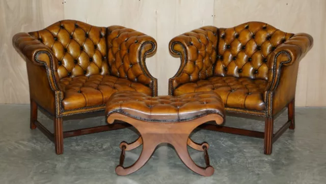 Antique Restored Brown Leather Chesterfield Library Armchairs Sofa Stool Suite 2