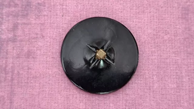 Lg 1 1/4" Antique Vtg Victorian Black Glass Floral Button Metal Shank 3