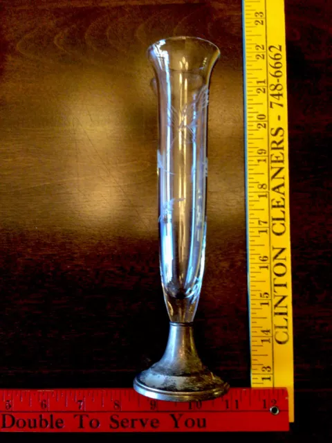 Vintage Gorham Etched Glass Bud Vase with Sterling Silver Base