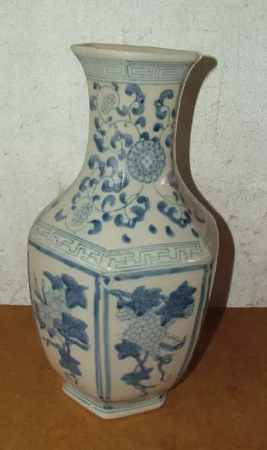 Vintage Oriental Chinese Japanese Large Blue & White Hexagonal Ceramic Vase 14"