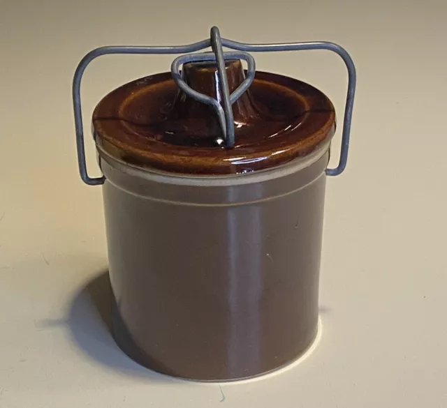 Vintage Dark Brown Stoneware  Cheese Crock 4 Inch Jar With Metal spring lid