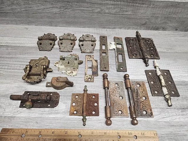 Lot of Ornate Victorian Eastlake Cast Iron Door Hardware Hinges, Locks, Plates