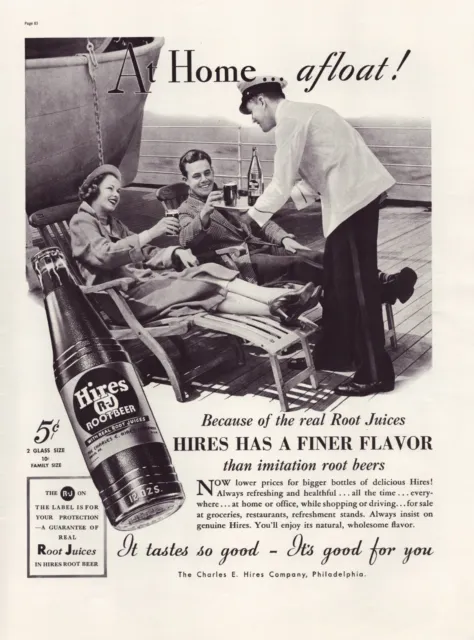 Print Ad Hires Root Beer 1937 Cruise Ship Full Page Large Magazine 10.5"x13.5"