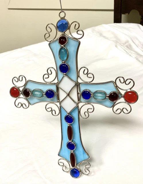 New Stained Glass CROSS Blue Swirl Milk Glass Red Purple Wall/Window Sun Catcher