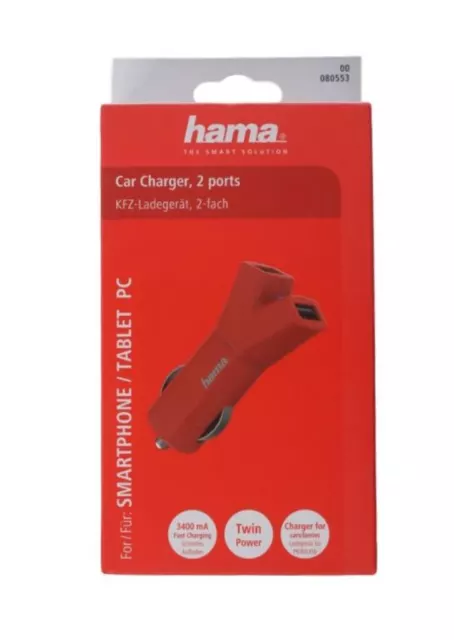 Hama 3,4A Speed 2-Port USB Auto Kfz Schnell-Ladegerät Zigarettenanzünder Rot 3