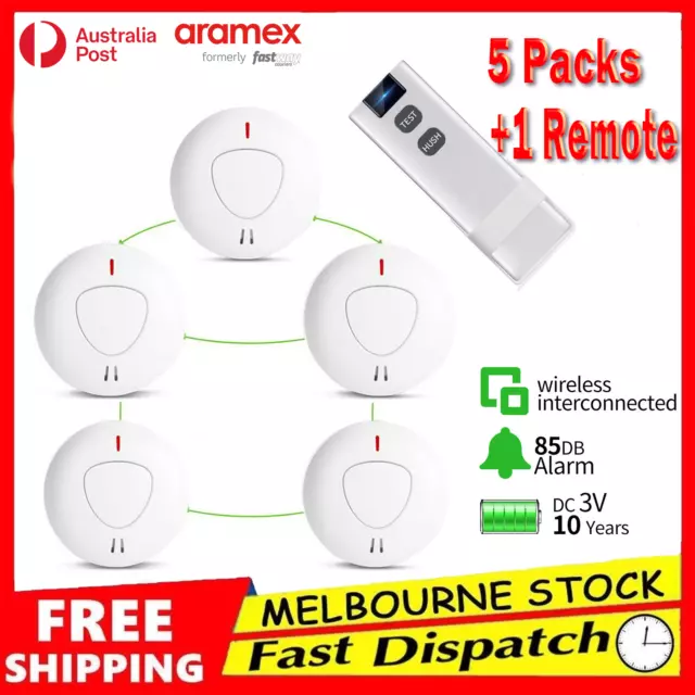 5 X Smoke Alarm Detector Wireless Interconnected Photoelectric 10 Years+ Remote