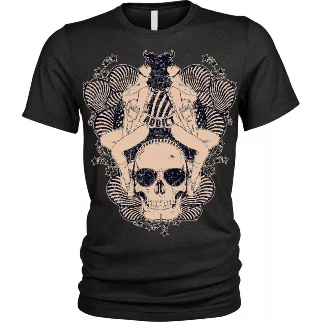 Addict Skull Pinup Tattoo T-Shirt Unisex Mens
