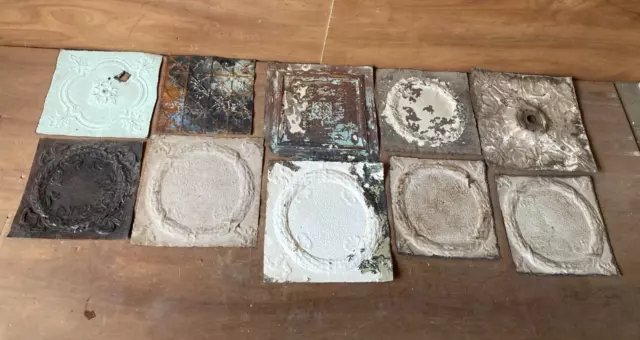 10 sq ft Antique Tin Ceiling Pieces Shabby Tile Chic Vtg Arts Crafts 83-23A