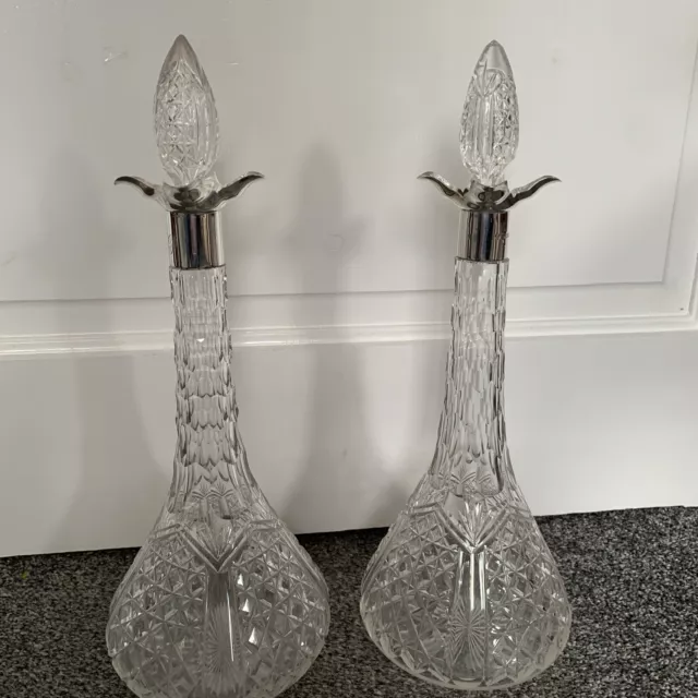 Pair Edwardian Silver Mount Cut Glass Decanters Sheffield 1908-9 Wm Hutton & Son
