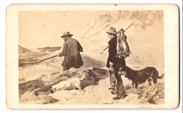 Fotografie unbekannter Fotograf und Ort, Gemälde: zwei Jäger auf der Hasenjagt