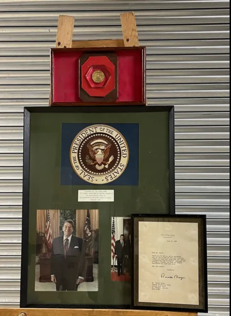 President Ronald Reagan Memorabilia - Framed Signed Letter And Photograph Etc