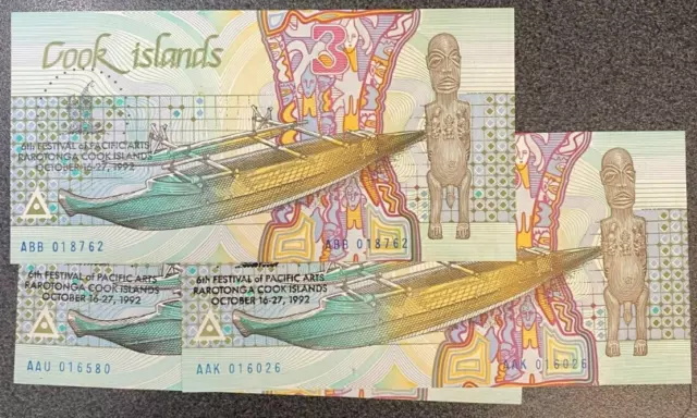 COOK ISLANDS 1992 THREE 1 x $3.00 DOLLARS Stamp 6th FESTIVAL PACIFIC ARTS UNC