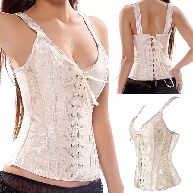 UK Women Sexy White Waist Trainer Boned Burlesque Bustier Corset Basque Lingerie 3