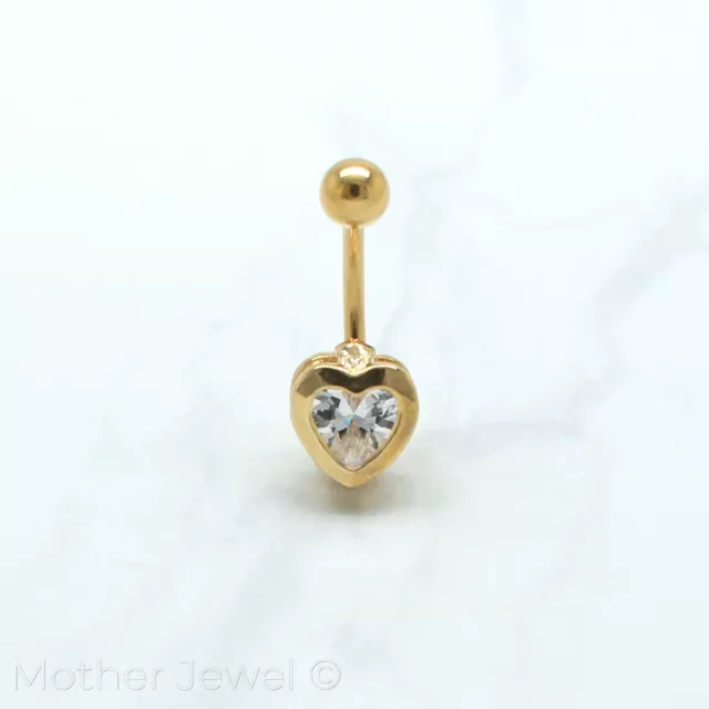 14K Yellow Gold Triple Plated Bezel Set Heart Simulated Diamond Belly Navel Ring