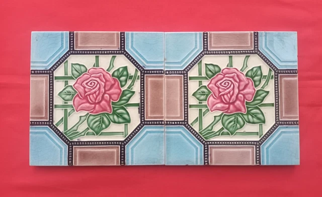 2 Piece Art Deco Flower Design Embossed Majolica Ceramic Tiles Japan 0286