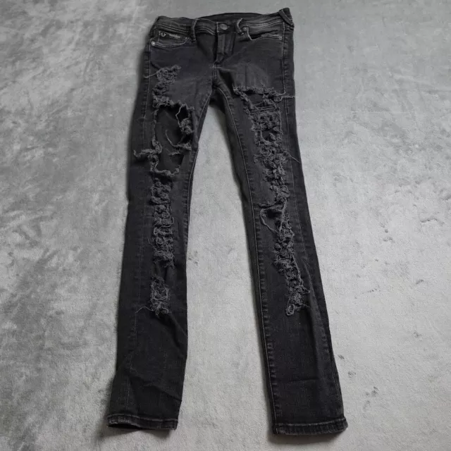 True Religion Halle Mid Rise Super Skinny Pants Women's 26 Black Ripped Casual