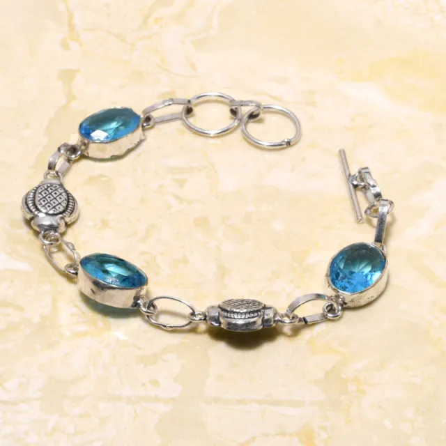 Swiss Blue Topaz Gemstone Handmade Gift Jewelry Bracelet 7-8" N949