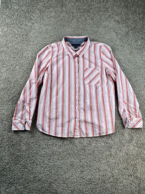 Tommy Hilfiger Blouse Womens Extra Large Pink White Striped Cotton Button Up