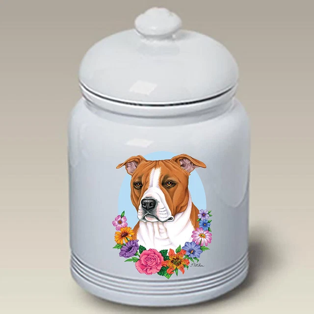 Tan and White Pit Bull Terrier Ceramic Treat Jar TP 47093