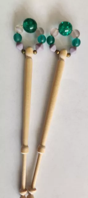 Set of 2 Carved Wood Spangled Lace Bobbins with Glass Beads