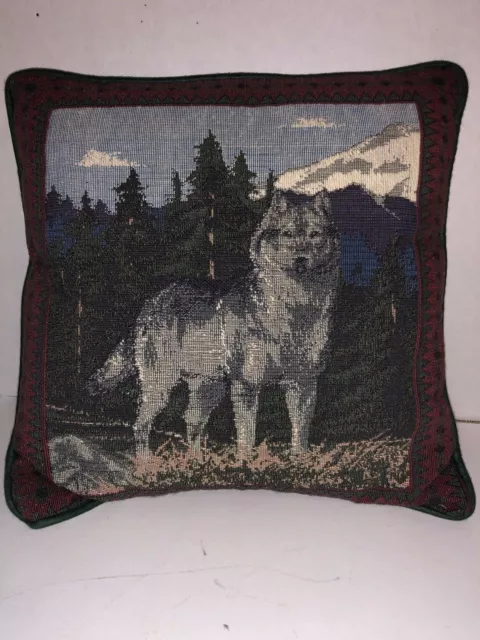 Needlepoint-Style Decorative Pillow Wolf Forrest Snow Mountain Home Decornice!