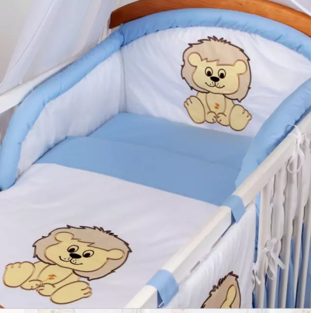 3pc cot bed bedding set 140 x 70 embroidered lion white/blue baby nursery
