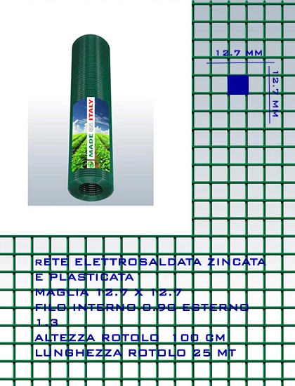 Rete Elettrosaldata Plastificata H 150 Cm - Maglia 12x12 Mm Filo 1,2 Mm