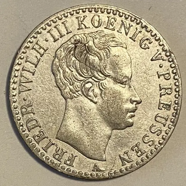 1822 A German State Prussia 1/6 Thaler Silver Coin - High Grade AU