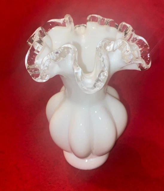6-1/8" Fenton White Milk Glass Silver Crest 6" MELON Bud Vase w/Ruffled Edge Top