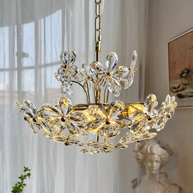 French Petal Crystal Pendant Light Study Room Bedroom Ceiling Lamp Chandelier