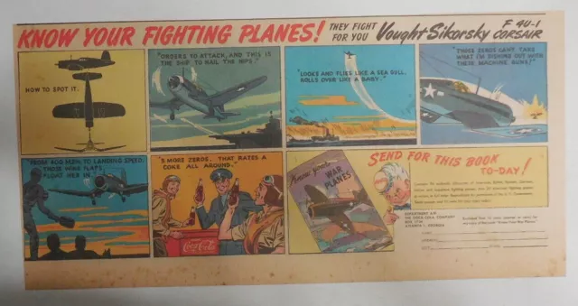 Coca-Cola War Time Ad:"F 4U-1 Corsair Airplane" 1943 Size: 7.5 x 15 inch