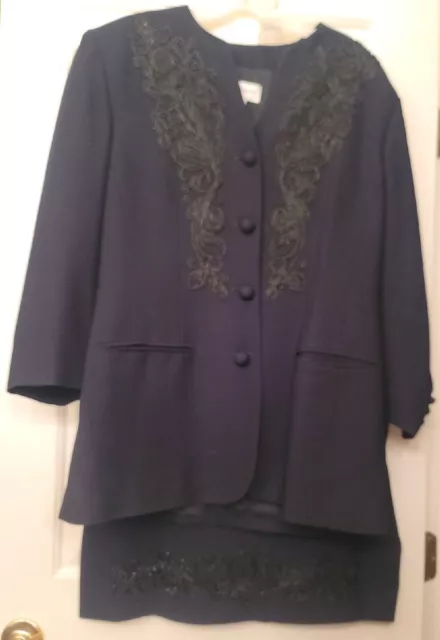 Elegant Vintage LIZ CLAIBORNE 2 Pc Suit Beaded Black Evening Jacket with Skirt