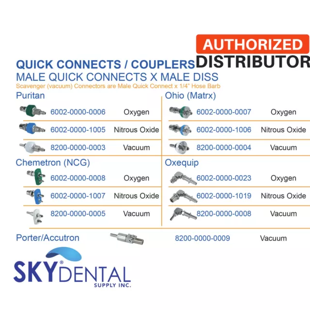 Belmed MALE QUICK CONNECTS X MALE DISS, Oxygen, Nitrous Oxide, Vacuum