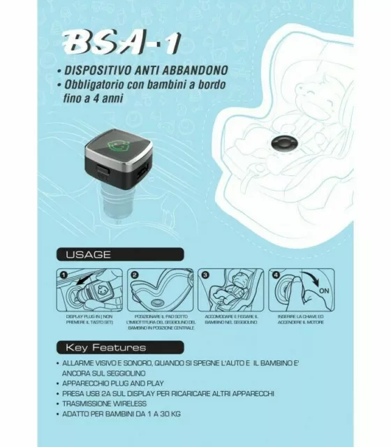 BSA-1 Kit Allarme Sensore Anti Abbandono Bebè Seggiolini Auto Steelmate Italia 3