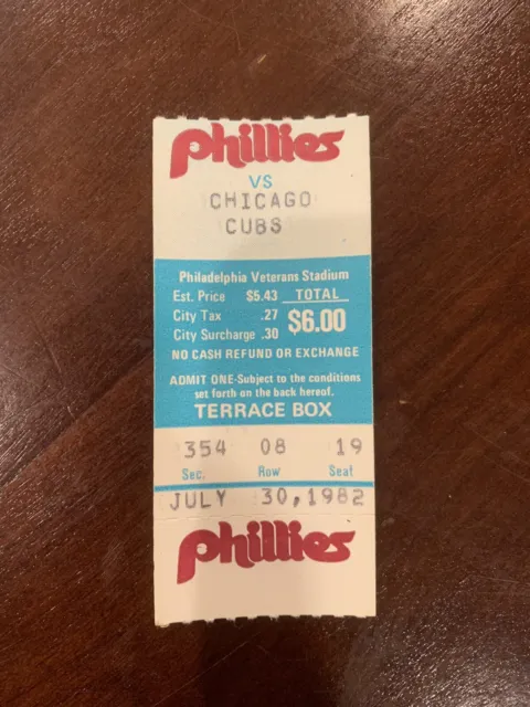 Cubs at Phillies 7-30-1982 Ticket Stub 4 HOF Carlton vs Jenkins Schmidt HR