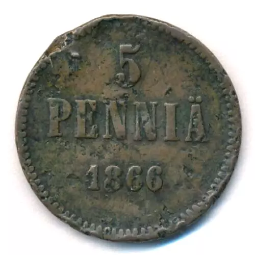 Finland 1866 - 5 Pennia Copper Coin - Alexander II - Under Imperial Russia