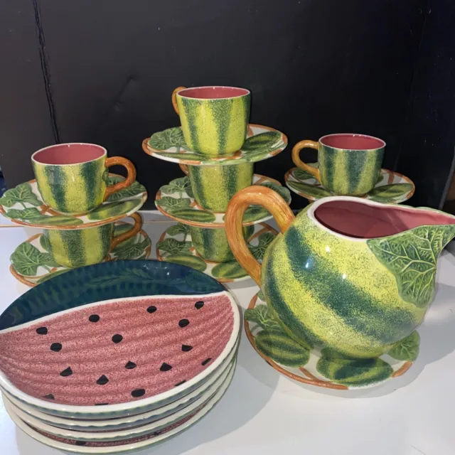 Vintage Fresh n” Fruity Hand Painted Ceramic Pitcher Cups Saucers Plates 20 Piec