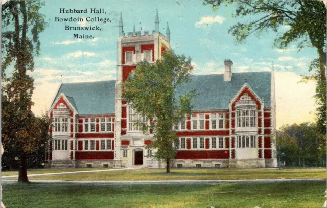 Hubbard Hall Bowdoin College Brunswick Maine Front View DB Cancel WOB Postcard
