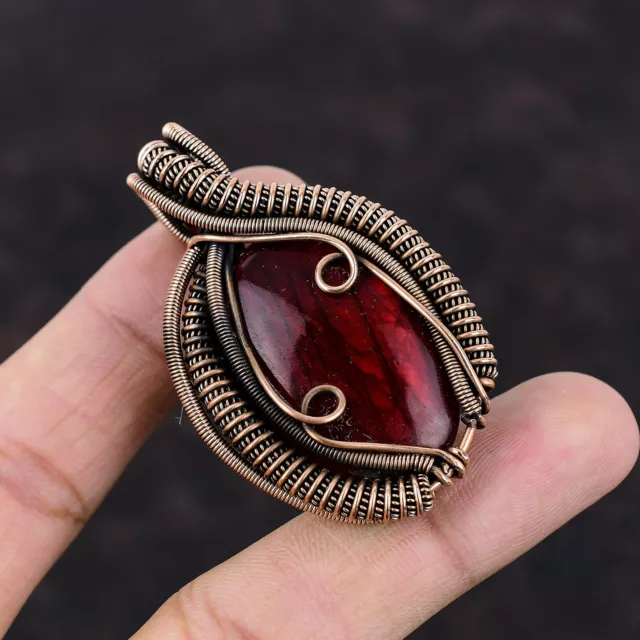 Red Fire Labradorite Wire Wrapped Pendant Handcrafted Copper Dailywear 2.28"