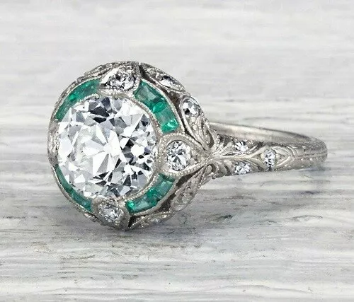 935 Silver 3.40 CT Round Cut Lab Created Emerald Antique Art Deco Ring