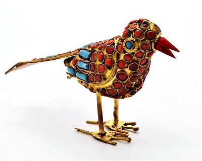 Vintage Nepalese Design Bird Figurine. Hand Set Faux Turquoise & Coral Beads