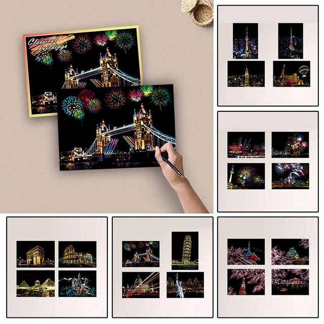 Niños Rasguños Pinturas Dibujos Regalos Ciudad Noche