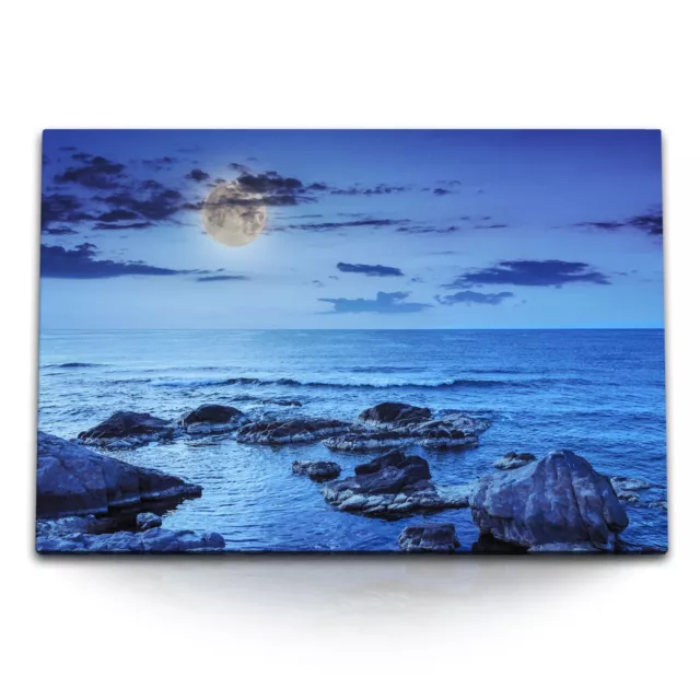 120x80cm Wandbild auf Leinwand Vollmond Meer Blau Dunkelblau Felsen Horizont