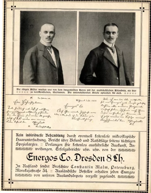 Energos Co. Dresden HAARWUCHSMITTEL für Männer  Historische Reklame von 1911