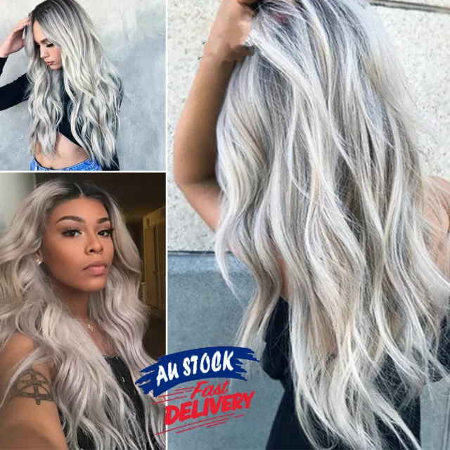 70cm Fashion Front Wig Long Curly Women Wavy Ombre Gradient Grey Synthetic Wigs