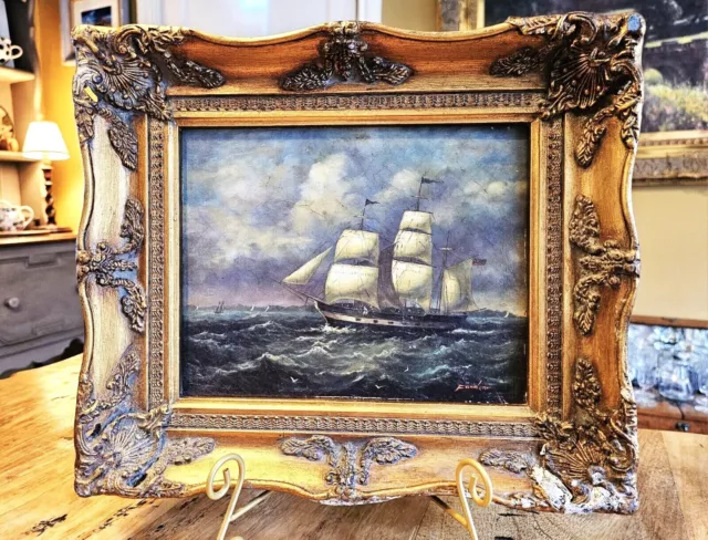 19Th Century Picture Of A Ship At Sea In Gilt Frame. Victorian. Not Oil Painting