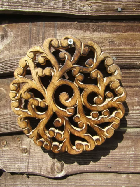 FairTrade Hand Carved Made Mango Wood Wooden Floral Wall Art Hanging Plaque