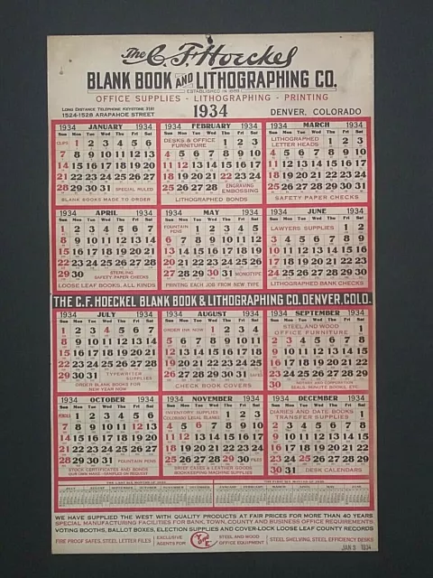 CF Hoeckel Blank Book and Lithographing Co.1934 Wall Calendar Denver Colorado CO