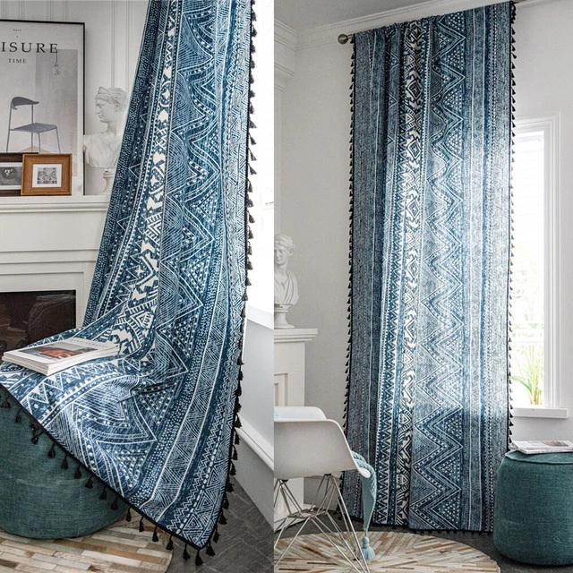 Vintage Print Curtain For Living Room Bedroom Tassel Polyester Window Drape 1PC